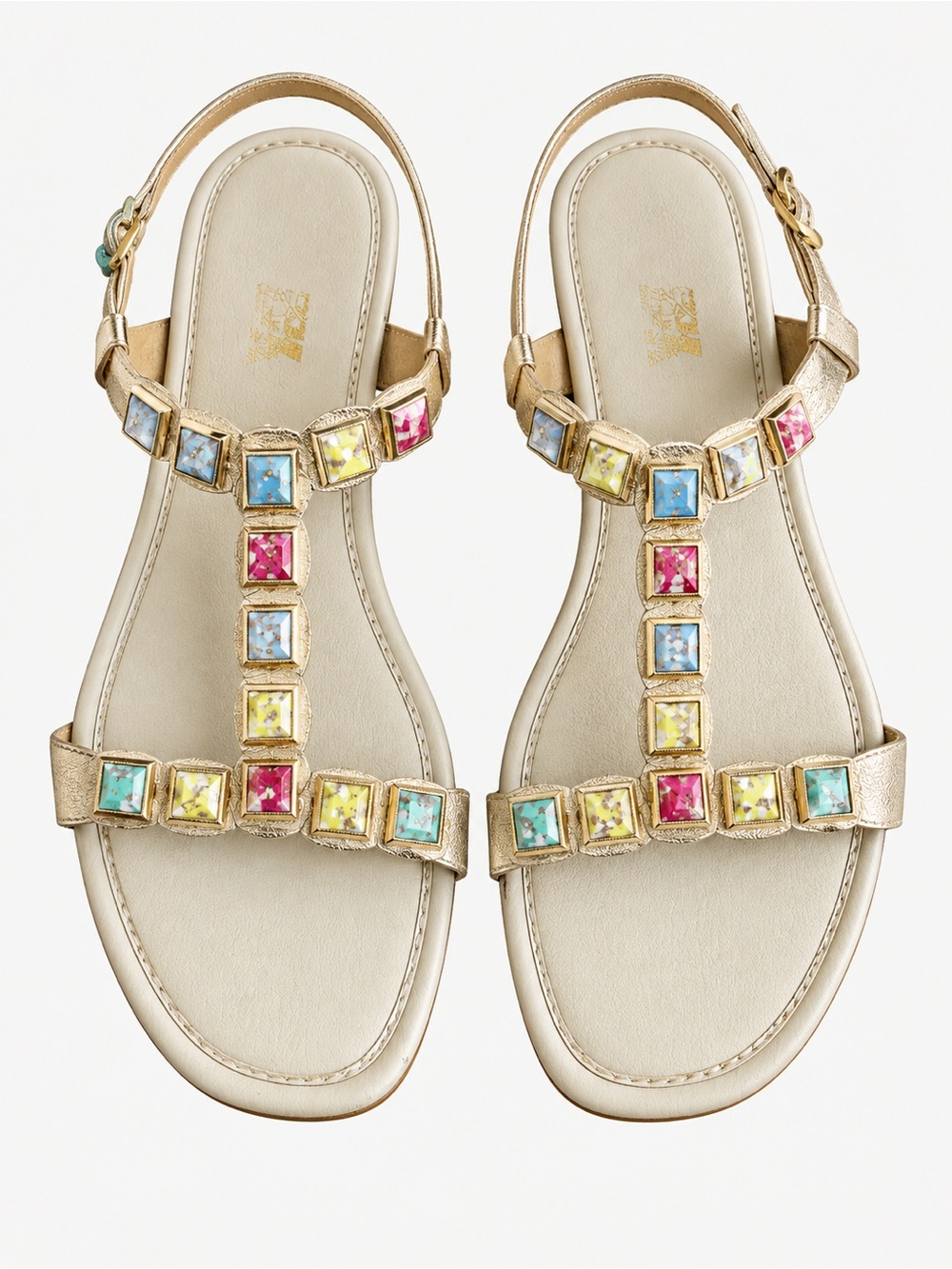 Vintage Gold Metallic Beaded T-Strap Low Block Heel Sandals Size 8M